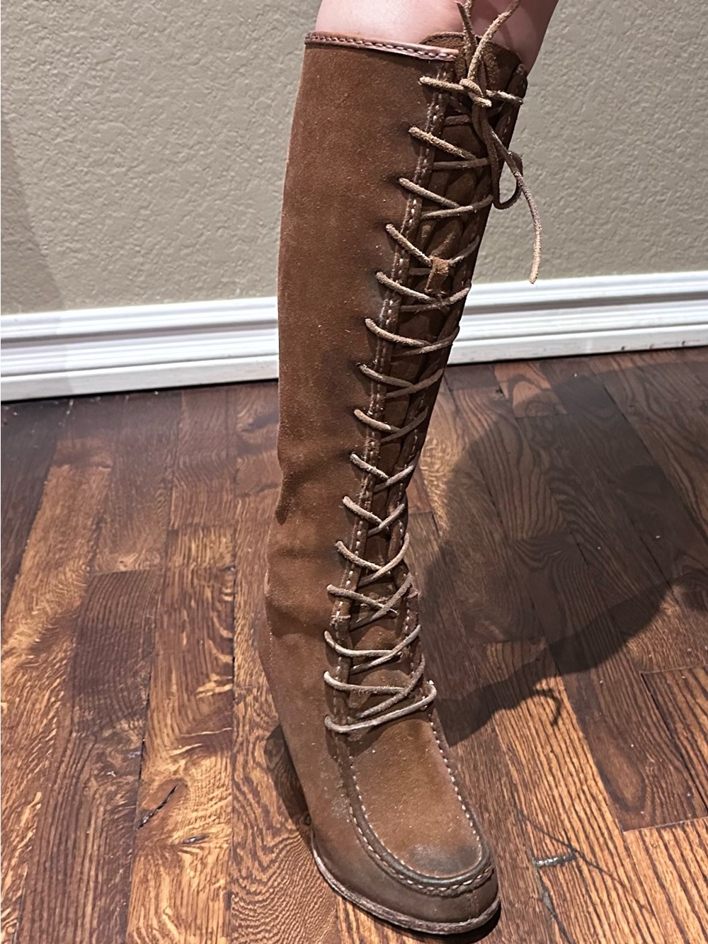 Frye Brown Suede Knee-High Lace-Up Block Heel Boots - Picture 2 of 9